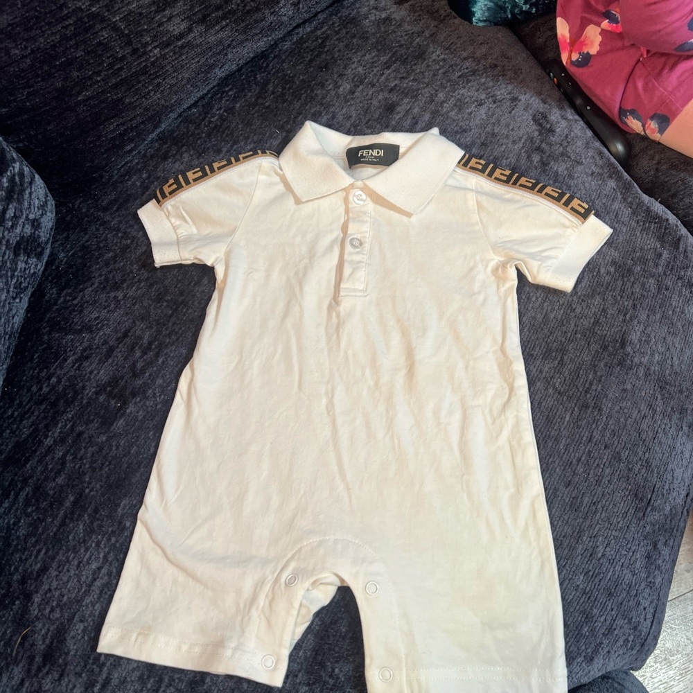 Fendi Cream Short Sleeve Logo-Trim Baby One Piece